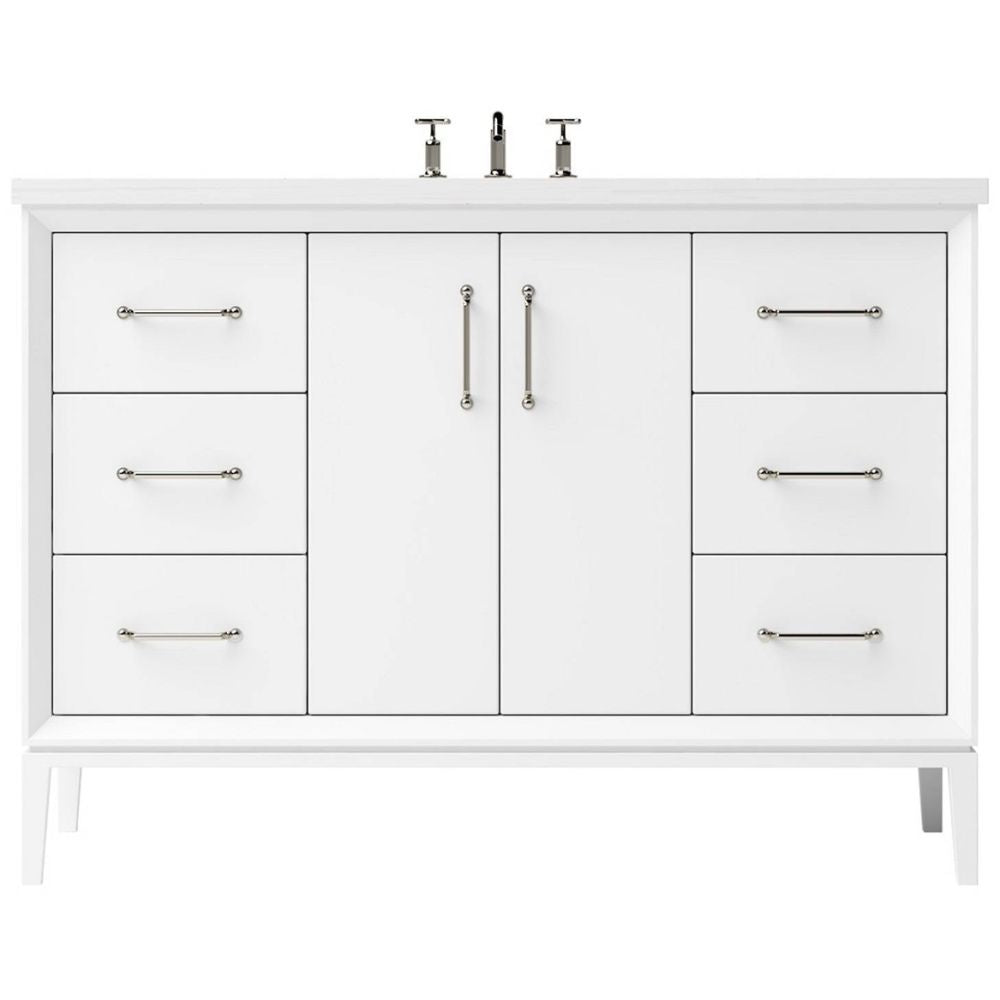 White bathroom vanity with multiple drawers and doors on a white background