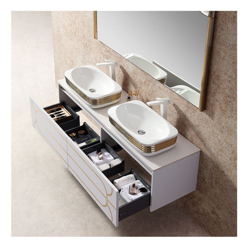 Bathroom vanity with two sinks and open drawers displaying accessories.