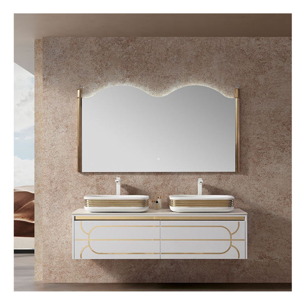 Bathroom vanity with mirror and two sinks against a textured wall.