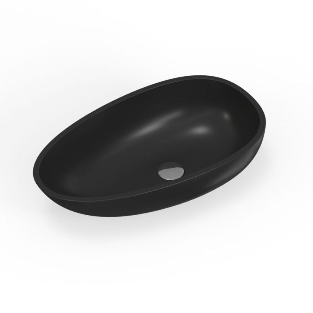 A matte black oval bathroom sink basin with a single drain hole, shown on a clean white background.