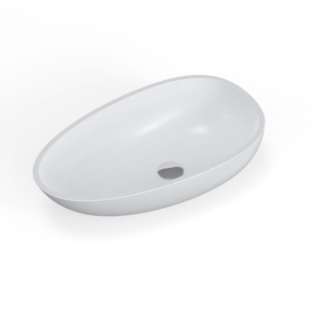 A white oval vessel sink with a single drain hole, shown from an elevated perspective on a clean white background.