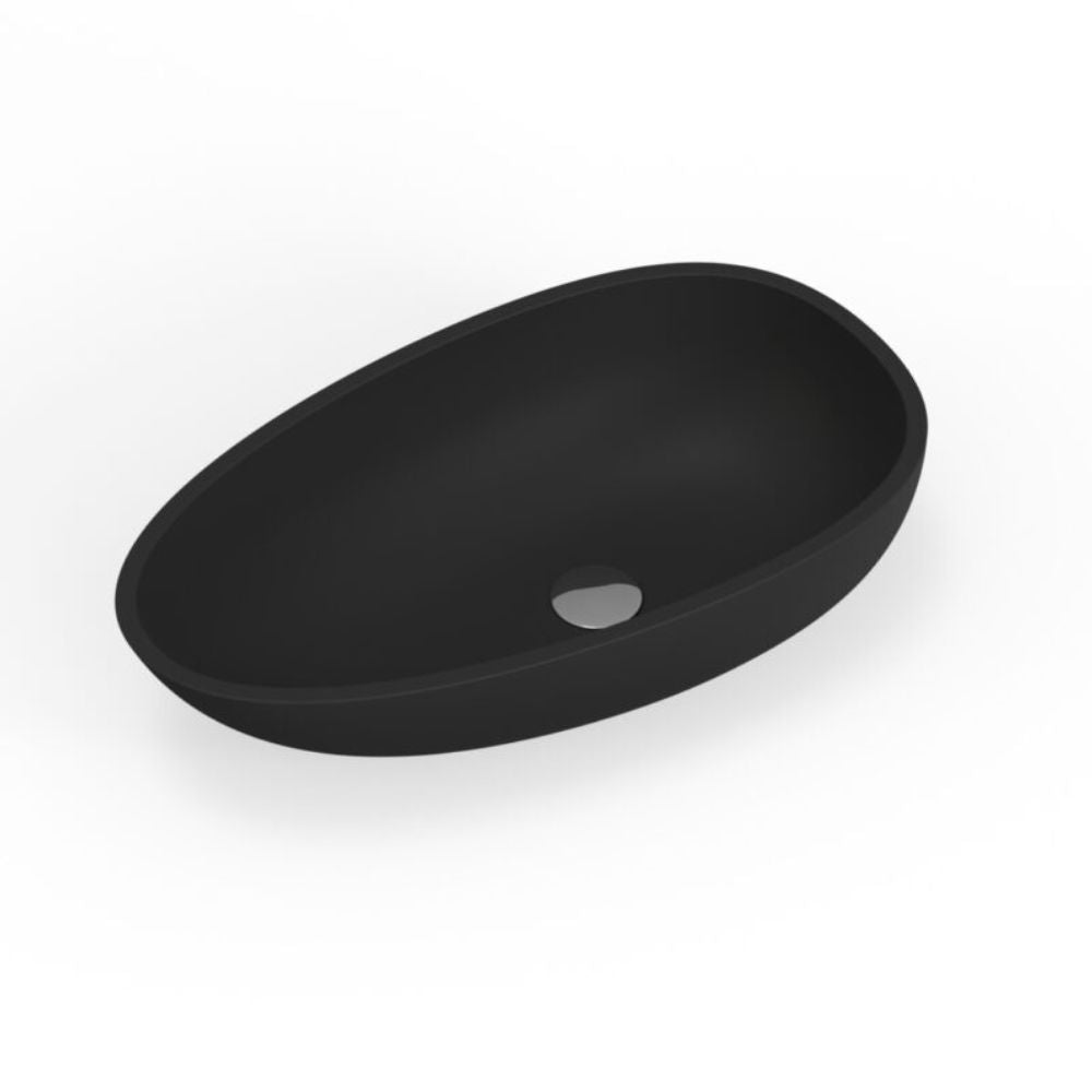 A matte black oval bathroom sink basin with a small circular drain, shown on a clean white background.