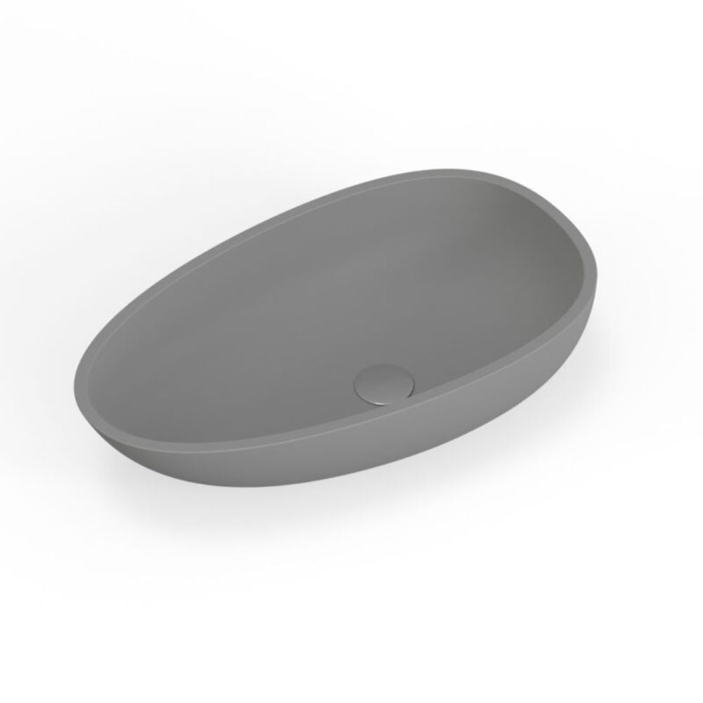 A modern oval bathroom sink with a matte dark gray finish, shown from an elevated angle on a clean white background.