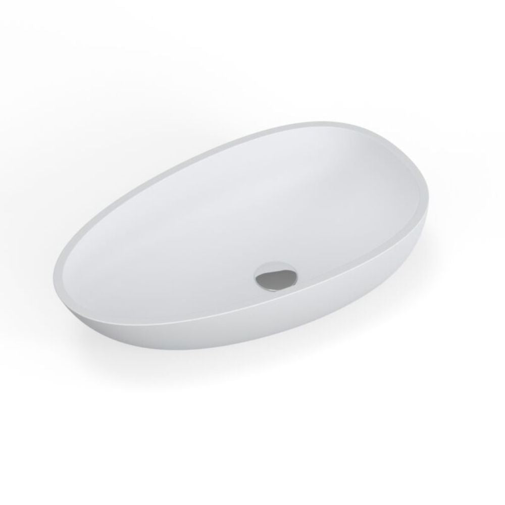 A white oval vessel bathroom sink with a single central drain hole, shown on a clean white background.
