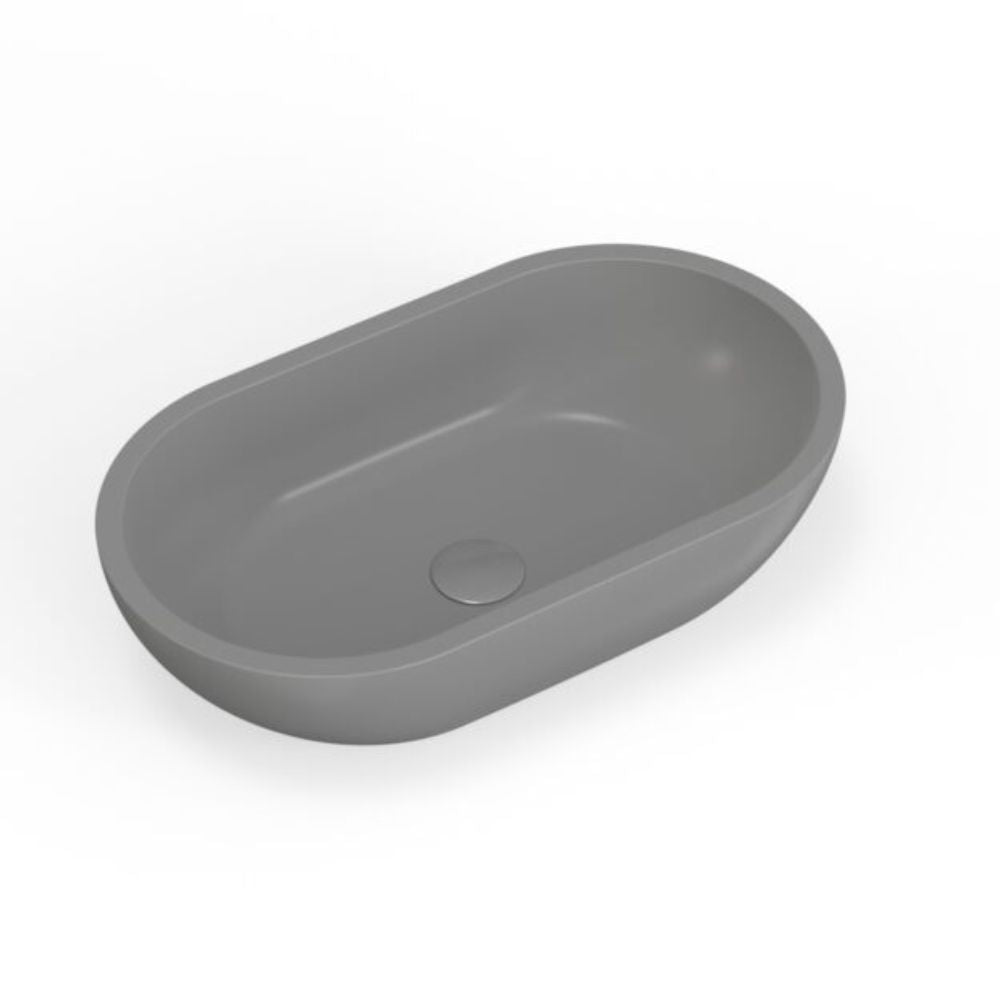 A matte gray oval bathroom vanity sink with a matching drain, shown on a clean white background.