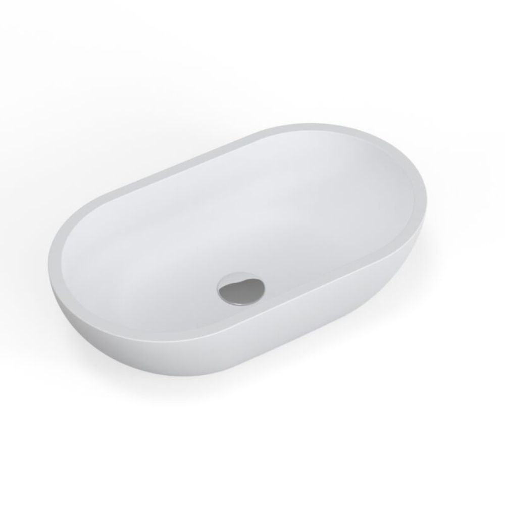 A white oval bathroom vanity sink with a single drain hole, shown from a high-angle perspective on a clean white background.