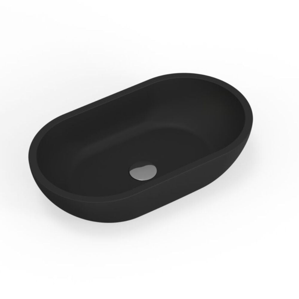 A matte black oval bathroom sink basin with a single circular drain opening, shown on a clean white background.