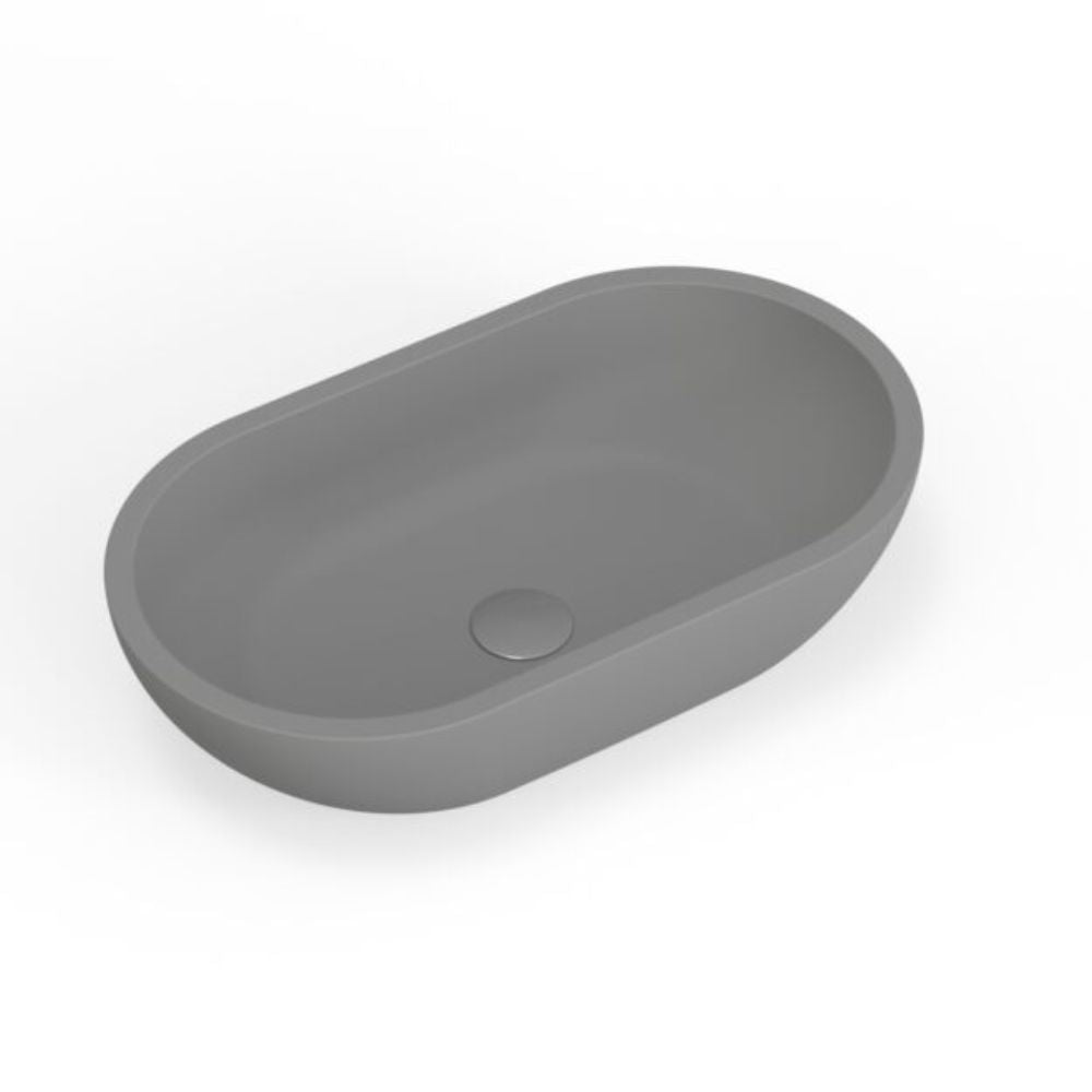 A matte gray oval bathroom vanity sink with a matching drain, shown on a clean white background.