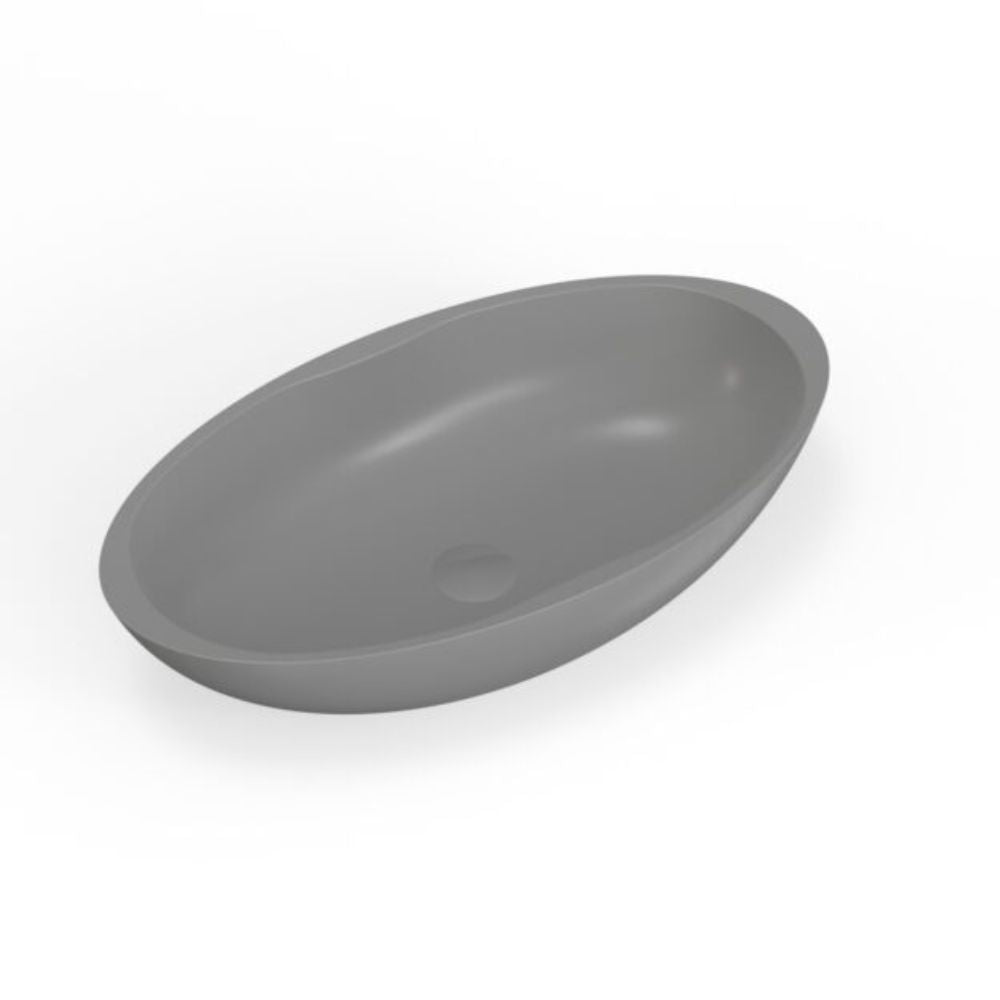 A matte gray oval bathroom sink basin shown at an angle on a clean white background.