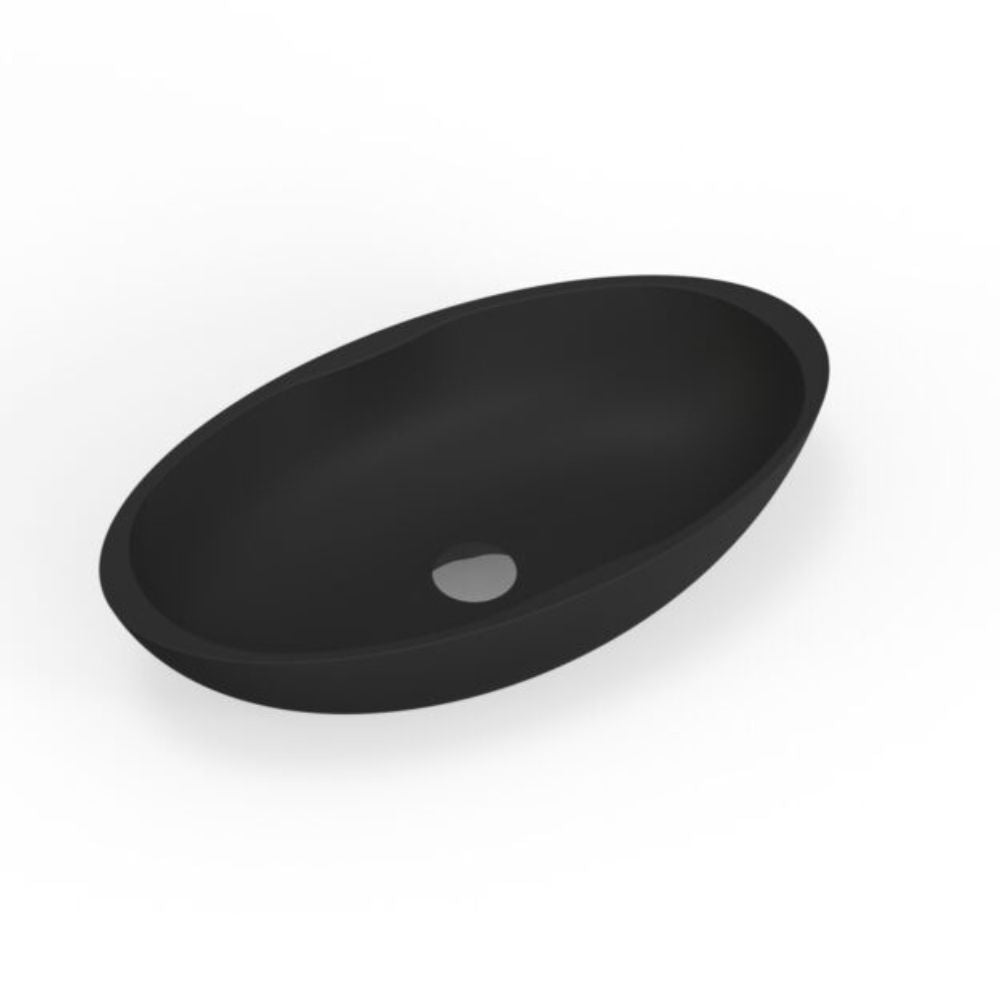 A matte black oval bathroom sink basin with a single drain hole, shown at an angle on a clean white background.