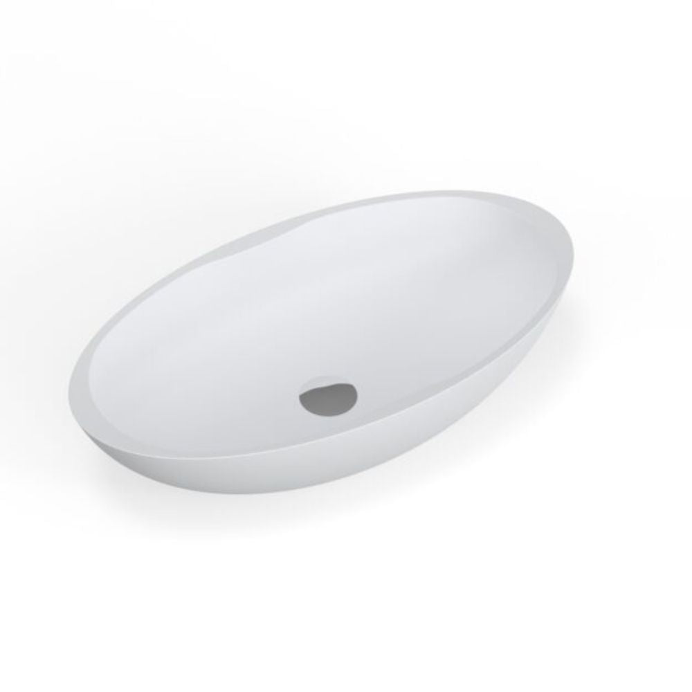 A white oval vessel bathroom sink with a single drain, shown at an angle on a clean white background.