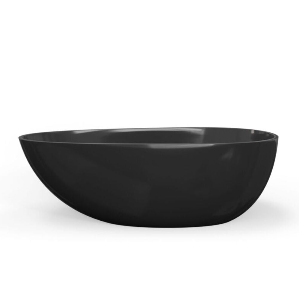 A matte black oval bathtub surround or decorative bowl, shown from a three-quarters angle on a clean white background.