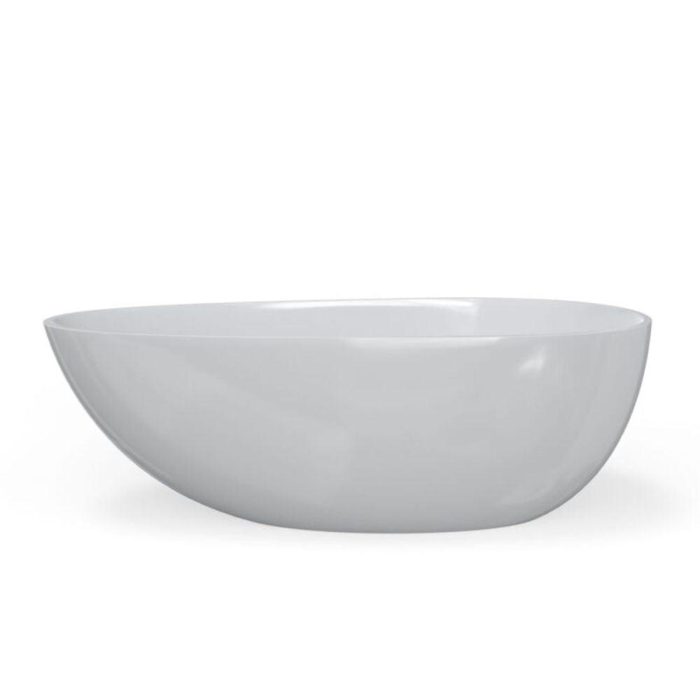 A modern, minimalist oval bathtub with a glossy white finish, shown from a three-quarters angle against a solid white background.