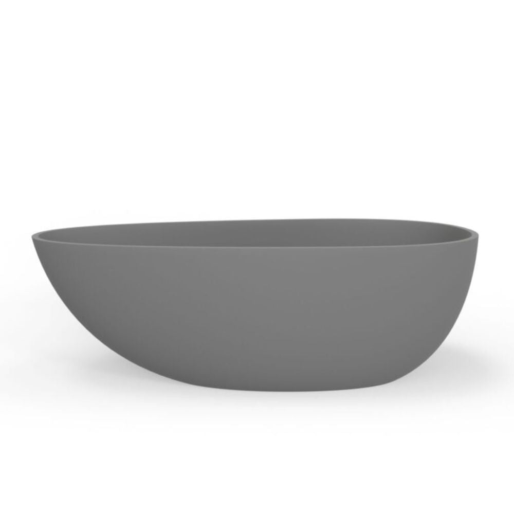 A modern, minimalist gray oval bowl with a smooth matte finish, shown on a clean white background.
