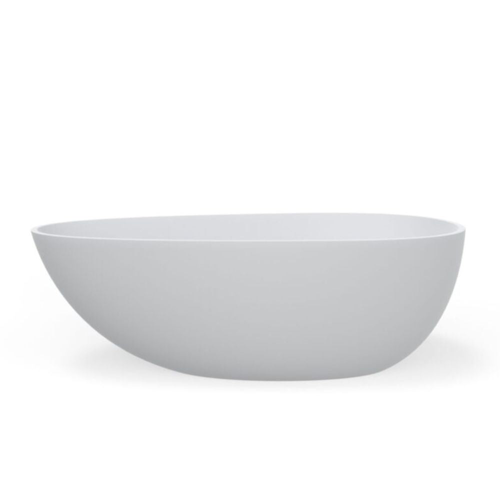A minimalist, free-standing oval bathtub in matte white, shown from a three-quarters angle against a solid white background.