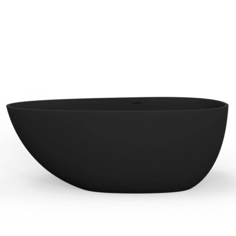 A modern, oval-shaped freestanding bathtub in a glossy black finish, shown from a three-quarter angle against a plain white background.