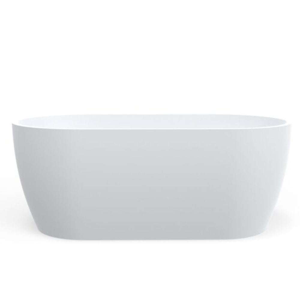 A modern freestanding bathtub with a smooth matte white finish, shown from a front three-quarter angle on a clean white background.