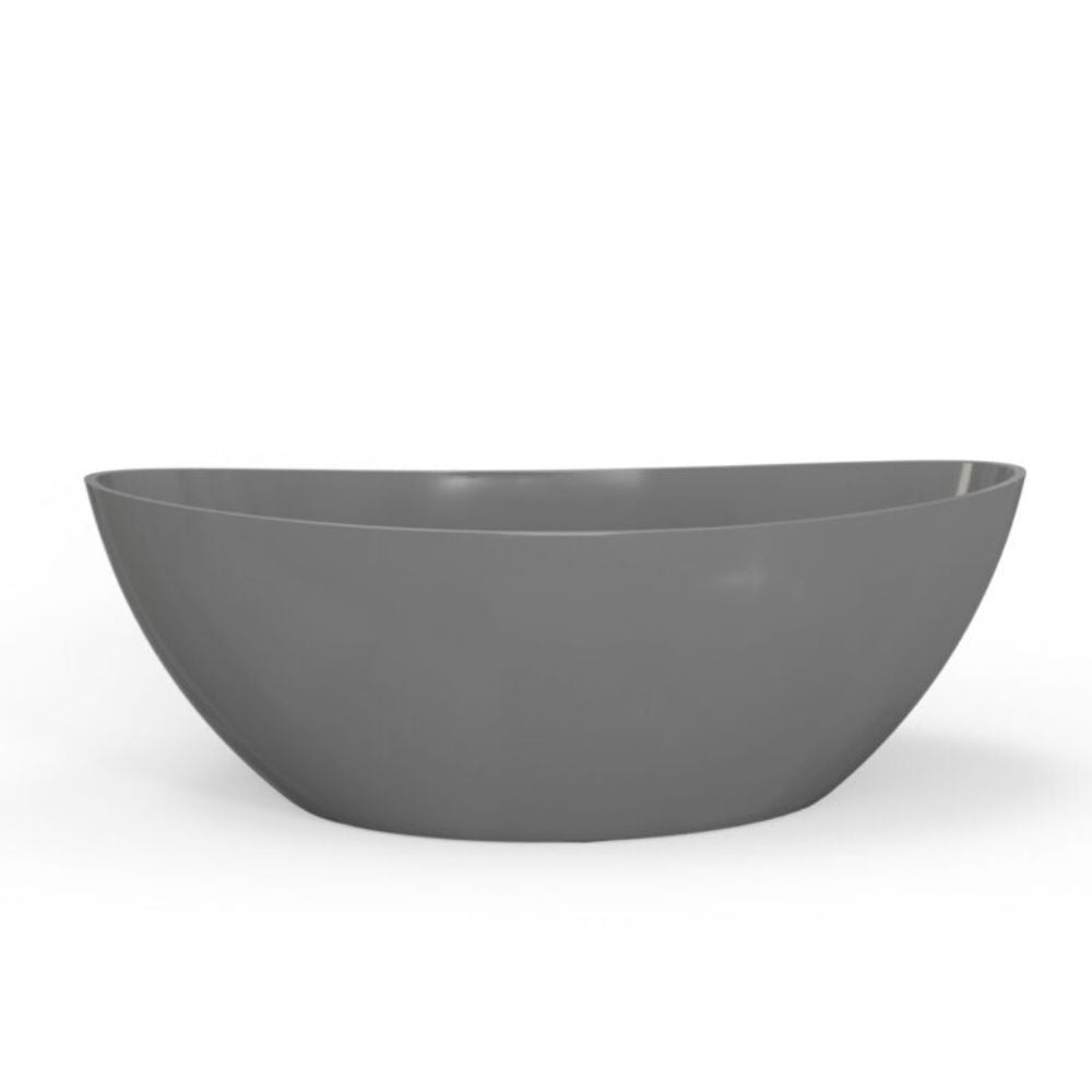 A modern, semi-circular freestanding bathtub in a matte medium gray finish, shown from a front-facing perspective on a clean white background.