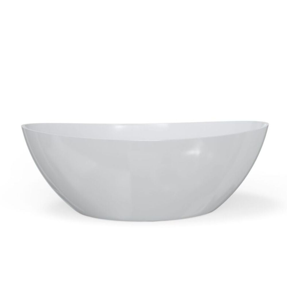 A modern, semi-circular freestanding bathtub in a glossy white finish, shown against a plain white background.