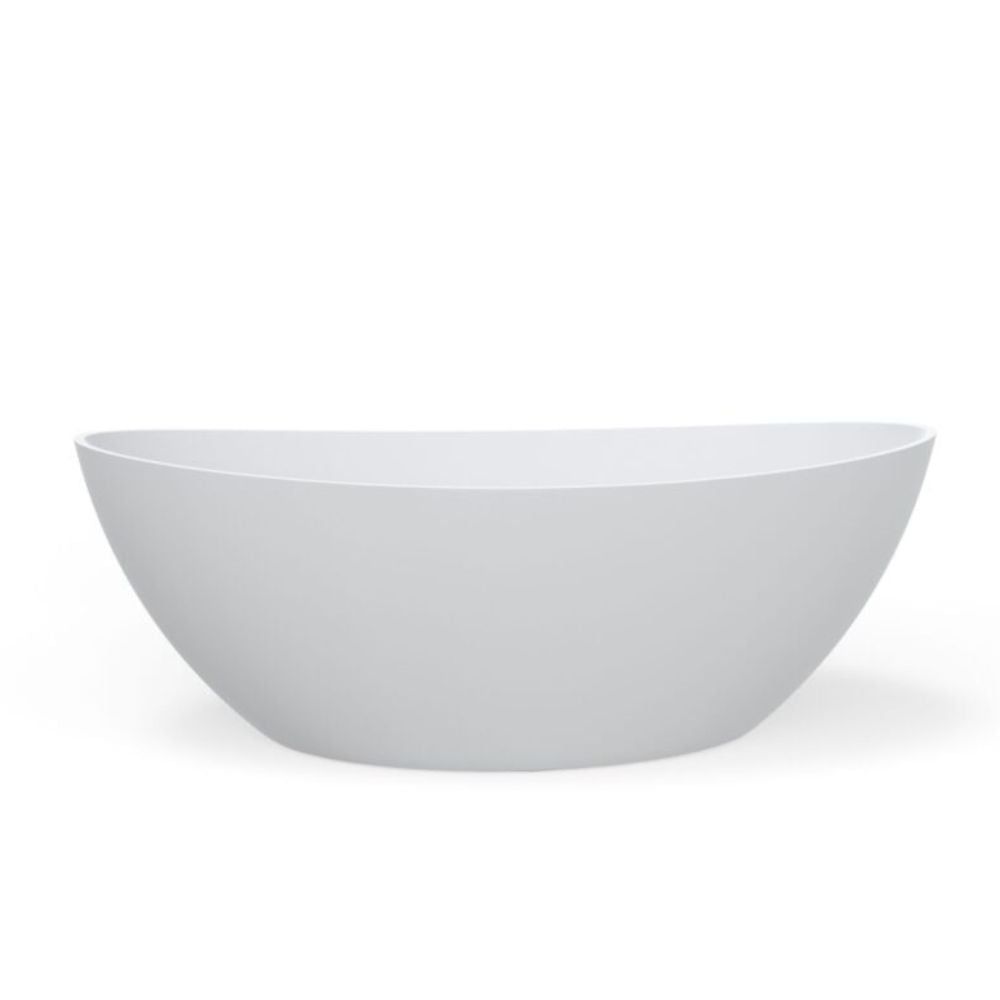 A minimalist, semi-circular freestanding bathtub in matte white, shown from a front-facing perspective on a seamless white background.