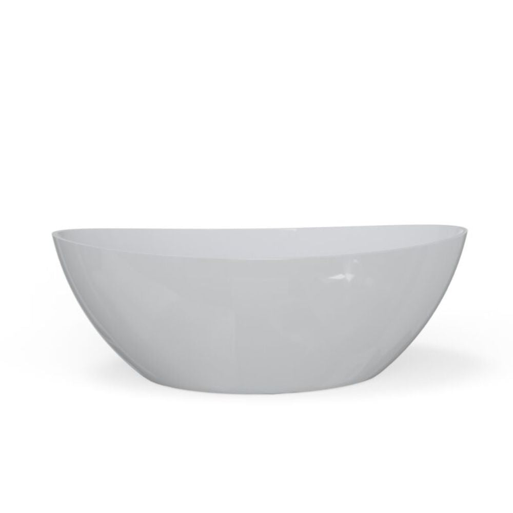 A modern, semi-circular freestanding bathtub in a smooth matte light gray finish, shown against a solid white background.