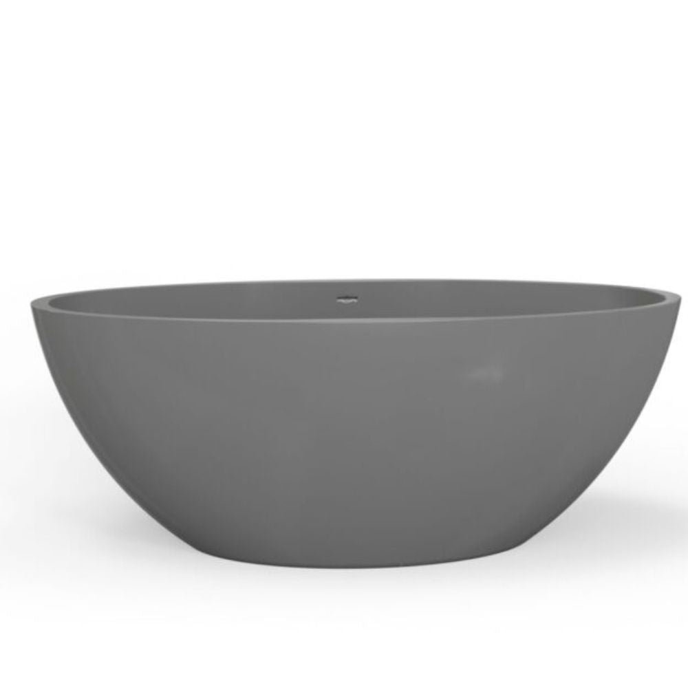 A modern, matte gray round vessel sink or bathtub shown from a front-three-quarters angle on a clean white background.