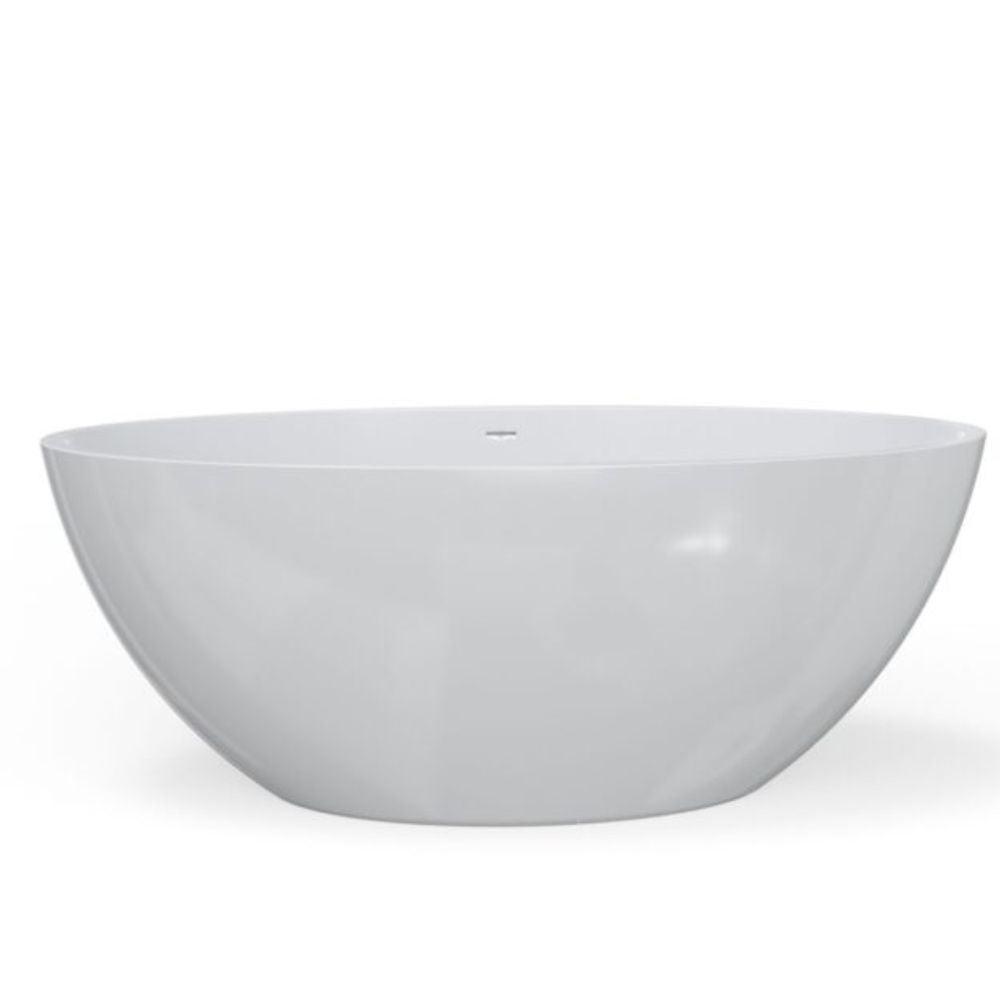 A modern, free-standing oval bathtub in glossy white, shown from a front-facing perspective against a clean white background.