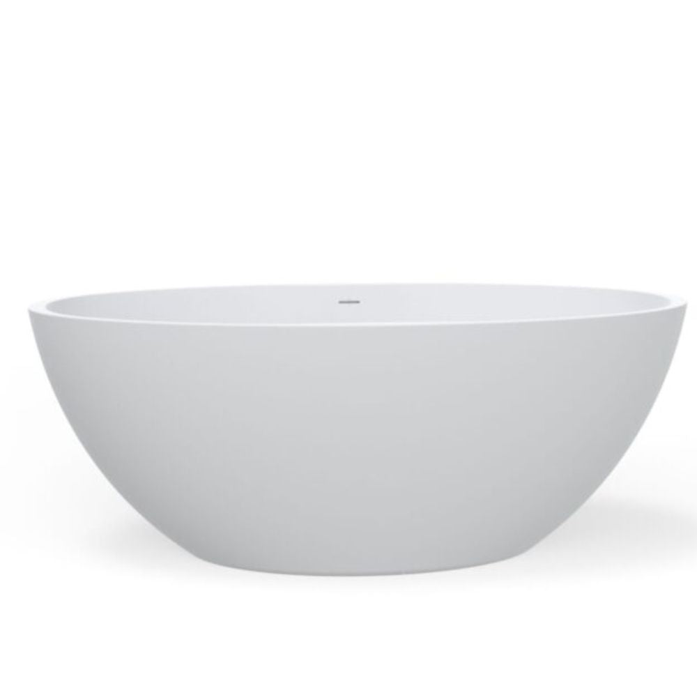 A modern, freestanding oval bathtub in matte white, shown from a front-three-quarters angle on a seamless white background.