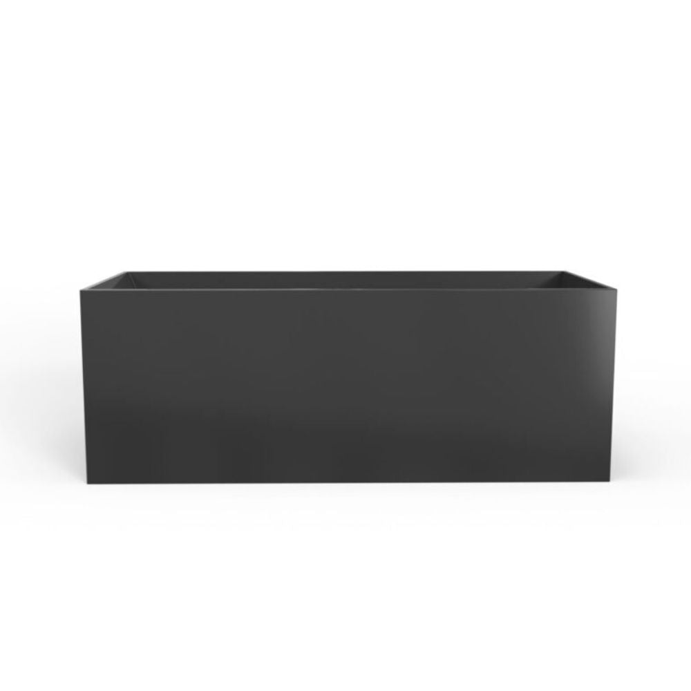 A minimalist rectangular planter box in matte black, shown from a three-quarters perspective against a clean white background.