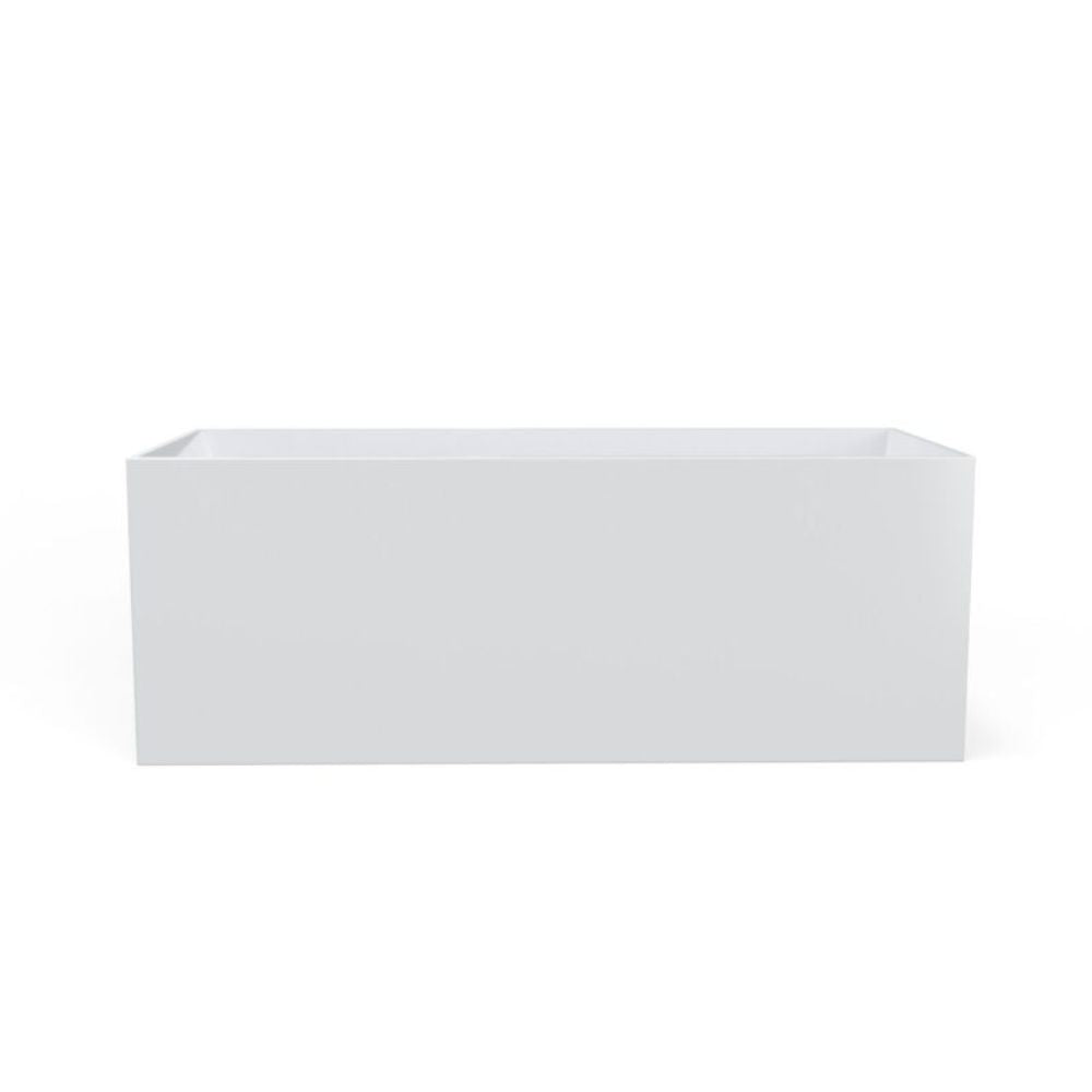 A minimalist white rectangular planter box with a shallow depth and open top, shown against a seamless white background.