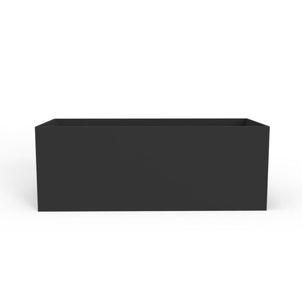 A minimalist rectangular planter box in matte black, shown from a three-quarters perspective on a clean white background.