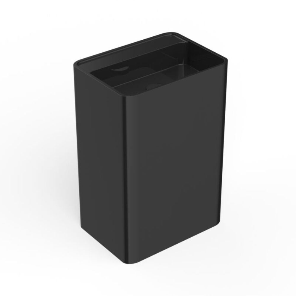 A matte black rectangular trash can with a slanted open top, shown on a clean white background.