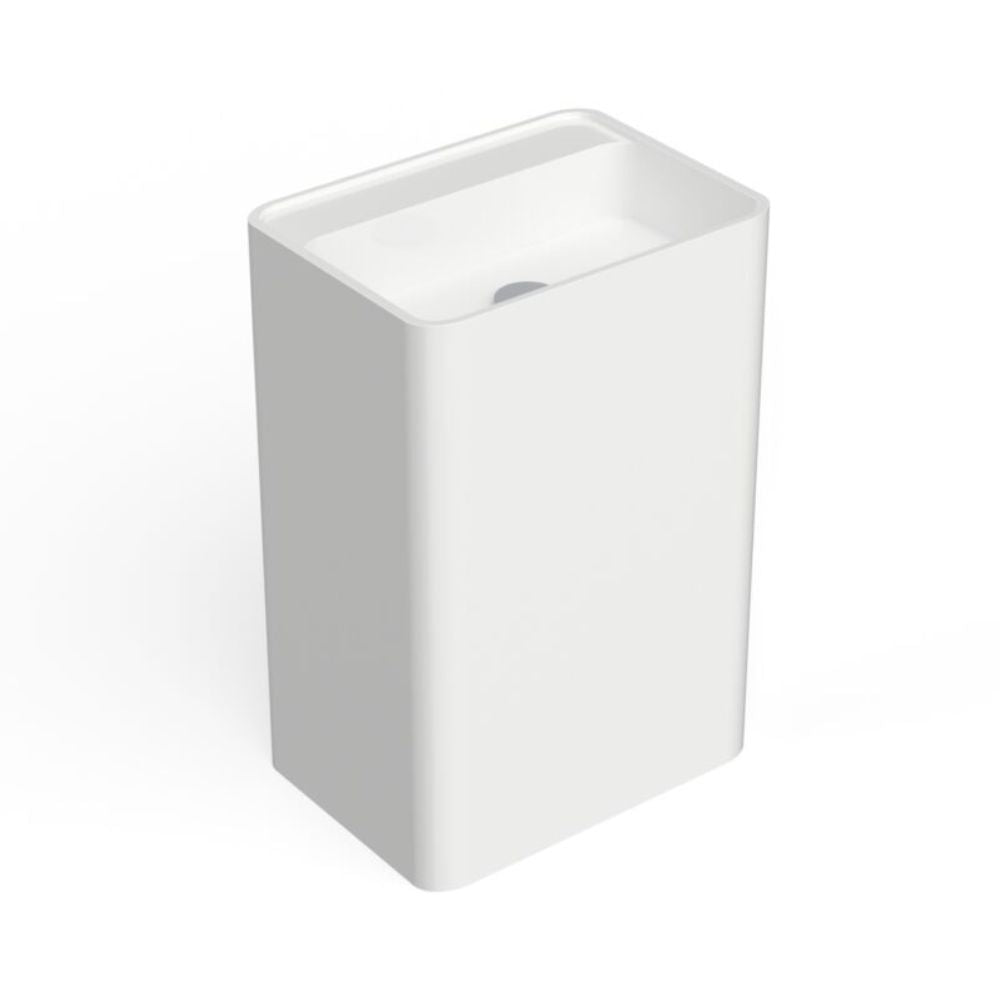 A modern white rectangular pedestal sink with a smooth matte finish and a recessed basin, shown on a clean white background.