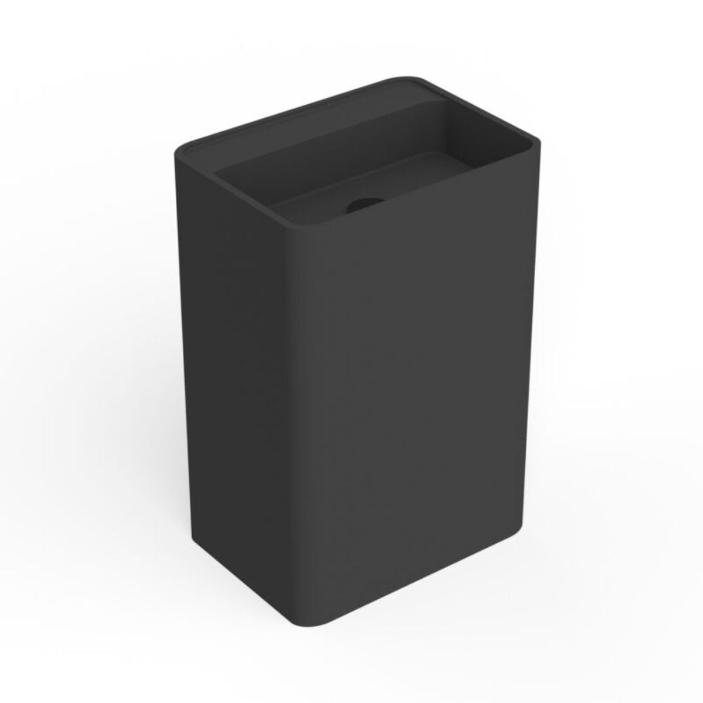 A matte black rectangular trash can with a slanted open top, shown on a clean white background.