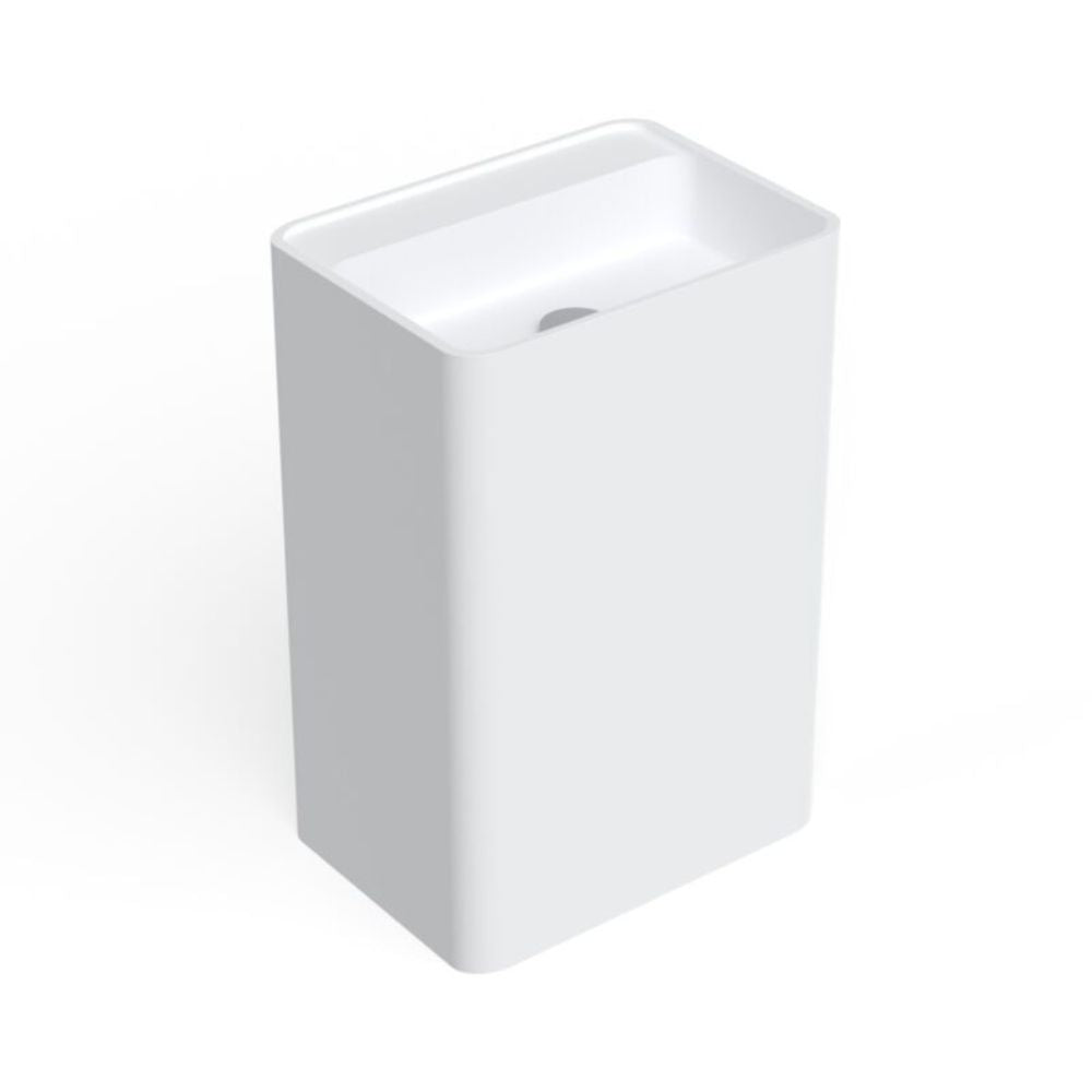 A modern white rectangular wall-mounted sink with a smooth matte finish and a recessed basin, shown on a clean white background.