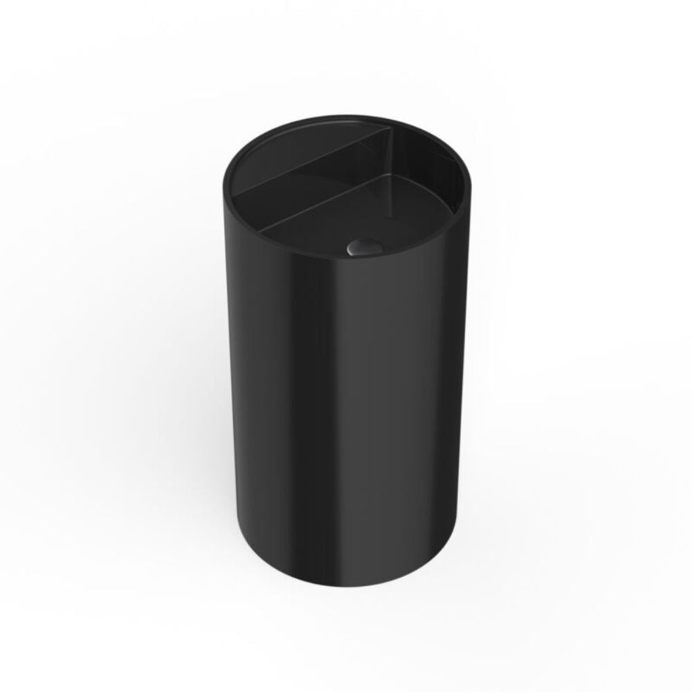 A matte black cylindrical container with a triangular divided top, shown on a clean white background.