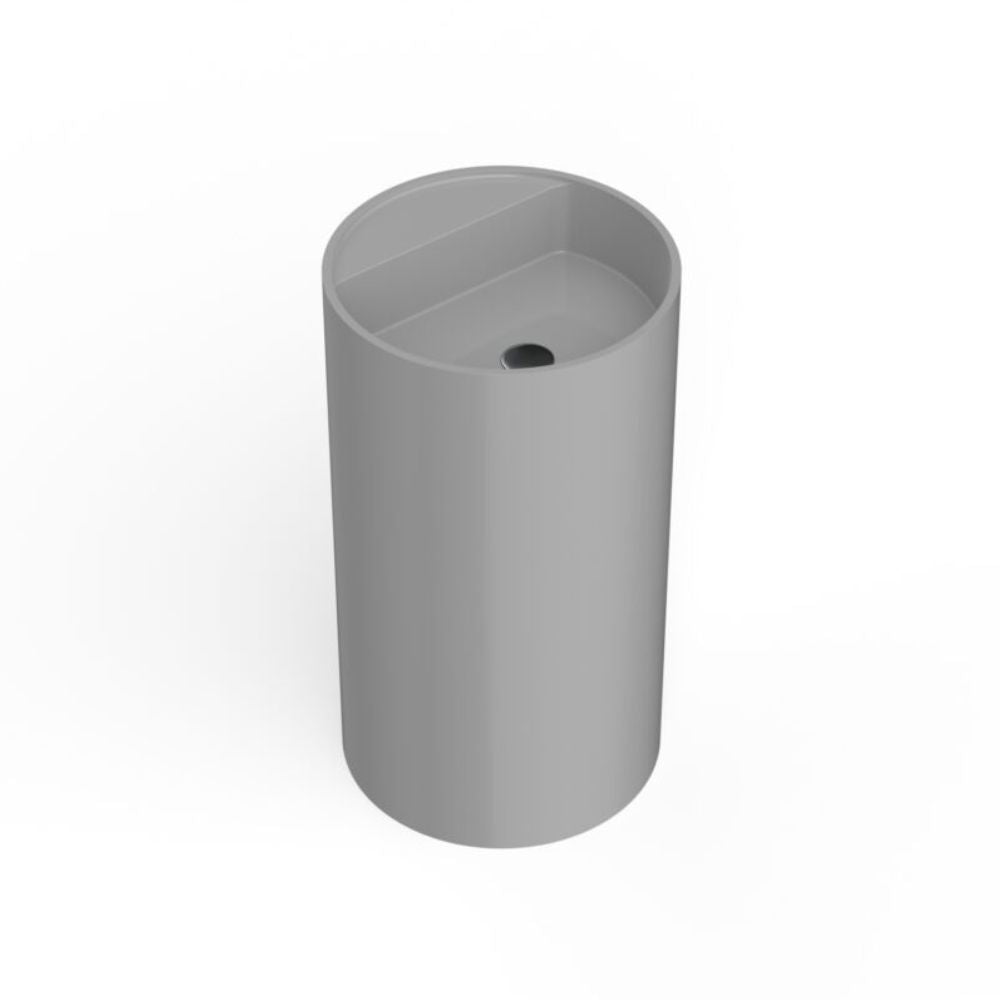 A minimalist gray cylindrical sink with a triangular basin and a small central drain hole, shown on a clean white background.
