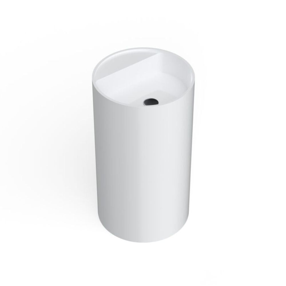 A modern white cylindrical pedestal sink with a triangular basin and a small black drain hole, shown on a seamless white background.