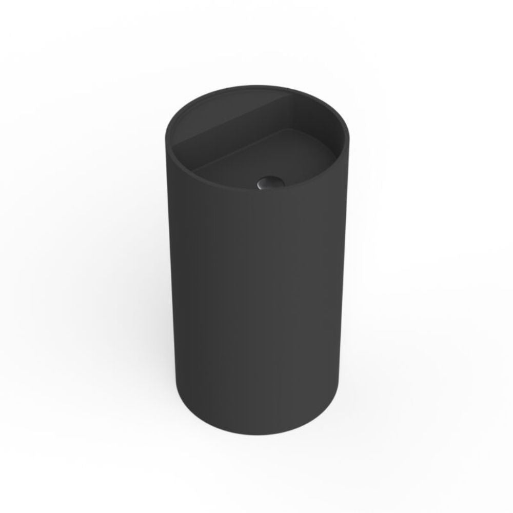 A matte black cylindrical container or dispenser with a slanted top surface and a small circular detail near the center, shown on a clean white background.