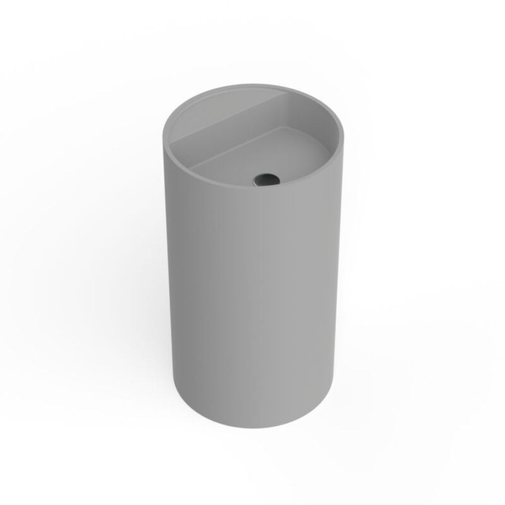 A minimalist gray cylindrical container or planter with a slanted triangular top surface and a small circular hole near the center, shown on a clean white background.