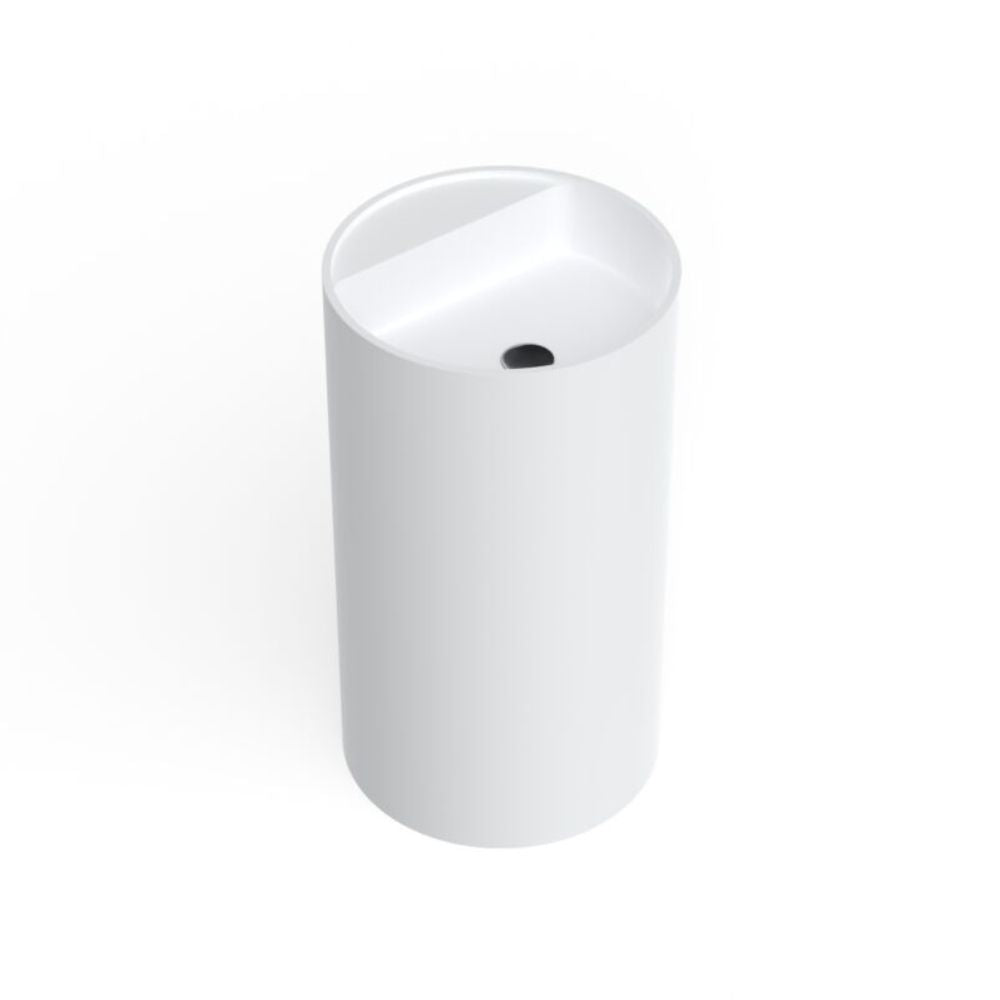 A minimalist white cylindrical trash can with a slanted opening and a small black drain hole, shown on a seamless white background.