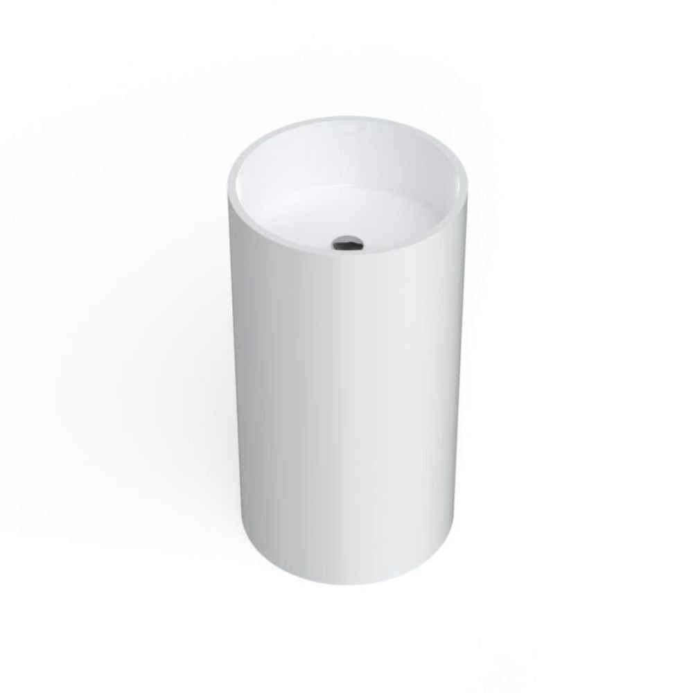 A modern white ceramic vessel sink with a cylindrical body and a wide, shallow oval basin, shown from a top-down perspective on a white background.