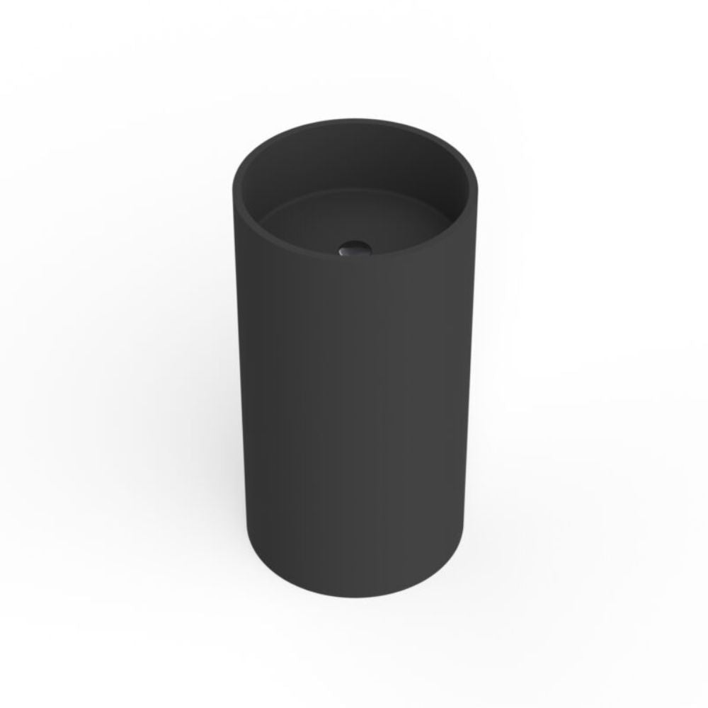 A matte black cylindrical pedestal sink on a clean white background.
