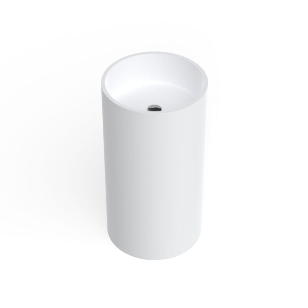 A minimalist white cylindrical pedestal sink with a smooth matte finish and a single central drain, shown on a seamless white background.