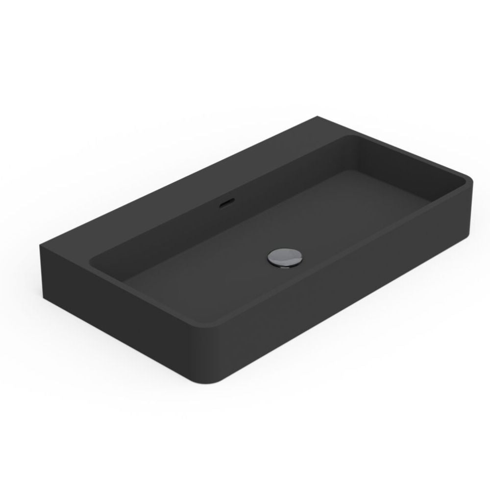 Black rectangular sink on a white background