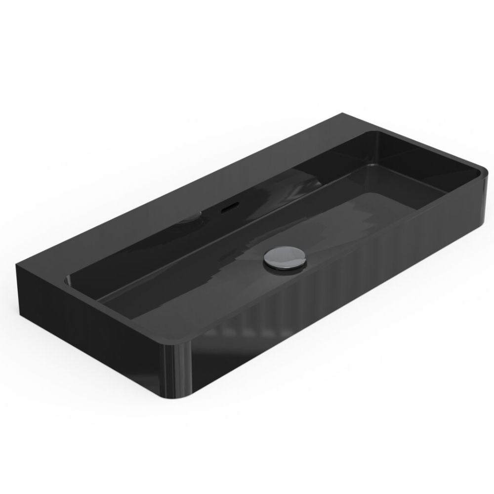 Black rectangular sink on a white background