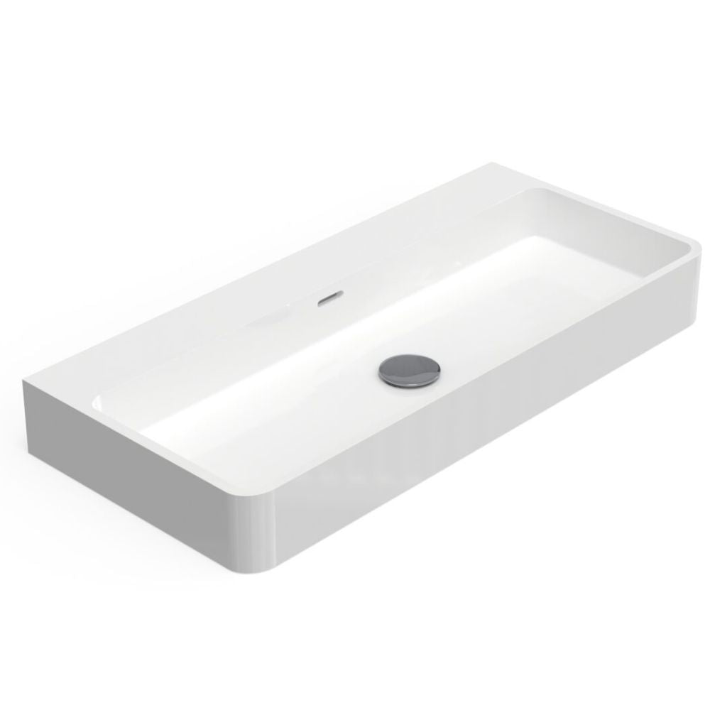 Rectangular white ceramic sink on a white background