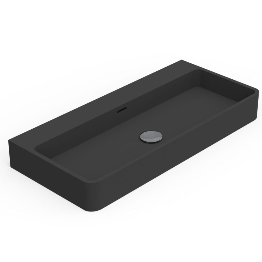 Black rectangular sink on a white background