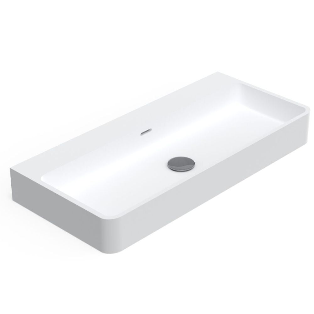 Rectangular white ceramic sink on a white background
