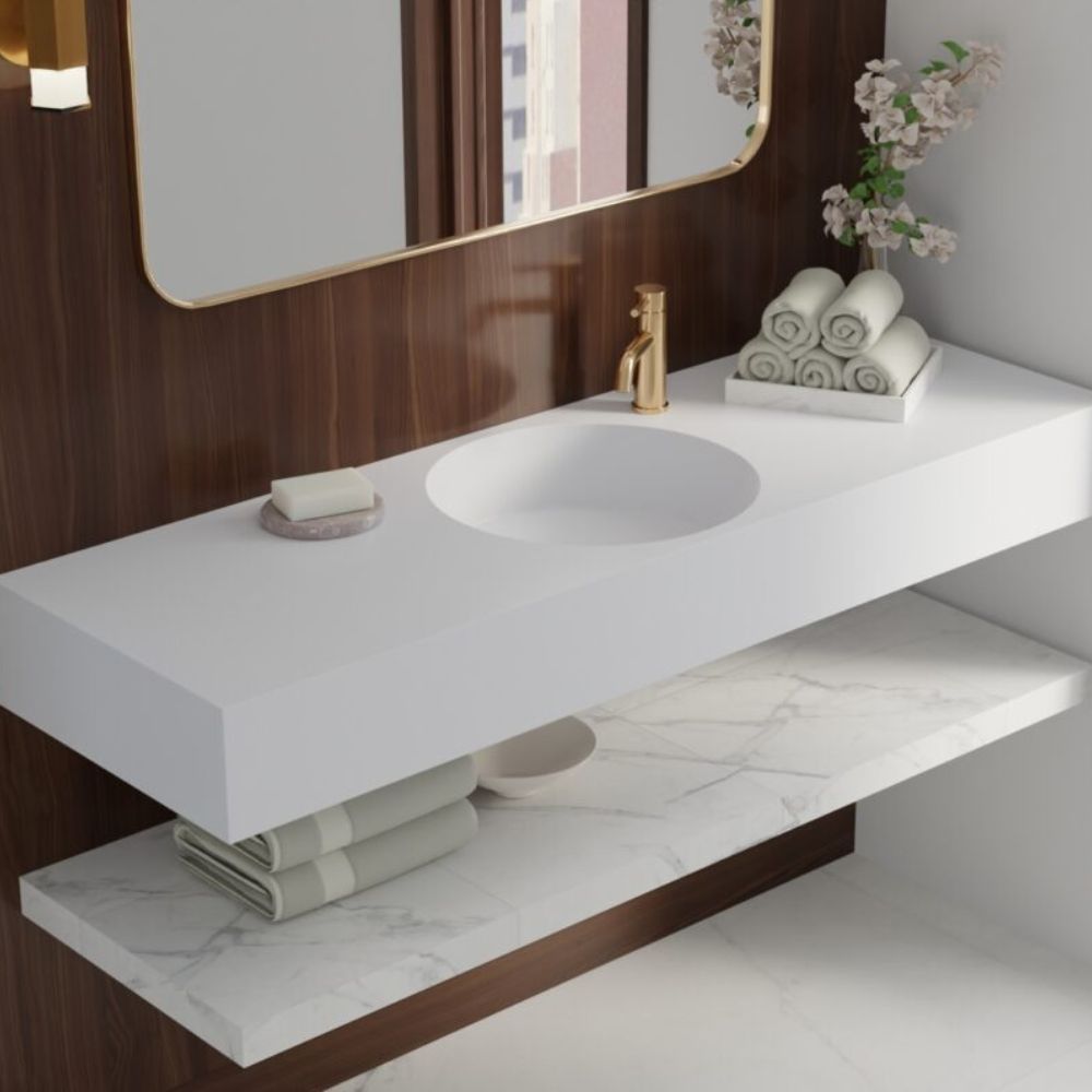Bathroom vanity with a sink, mirror, and decorative elements.